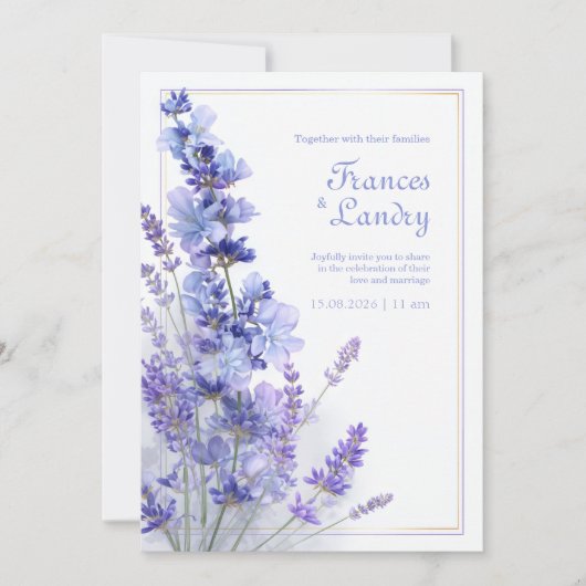 Periwinkle Lavender Gold Filigree Frame Wedding 招待状 (正面)