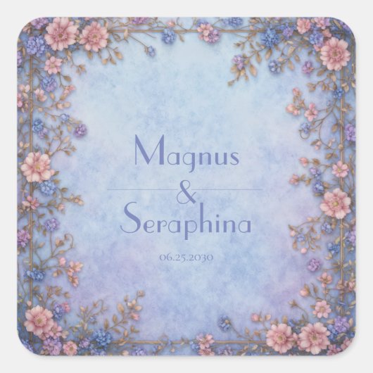 Periwinkle Lavender Mottled Gold Frame Border スクエアシール (正面)