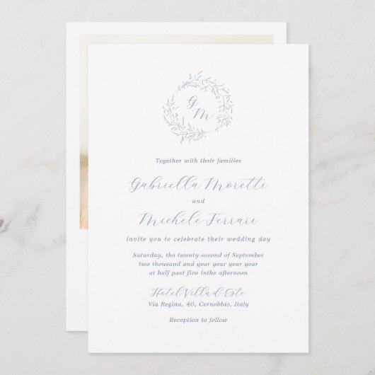 Periwinkle Monogram写真ウェディングRSVPとの招待 招待状 (正面/裏面)