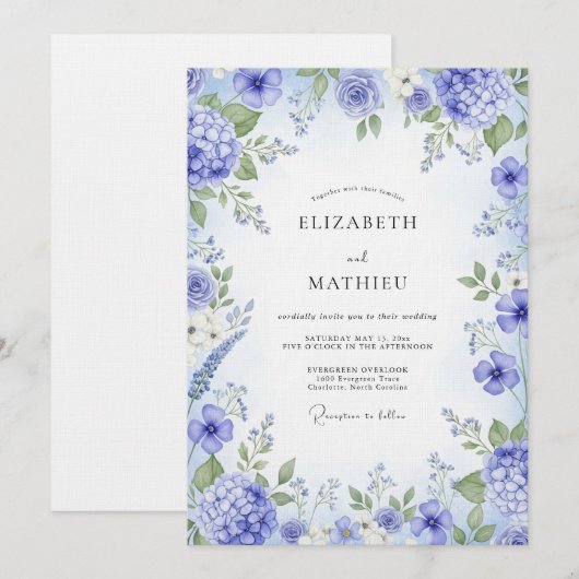 Periwinkle Painterly Bloom Wedding 招待状 (正面/裏面)