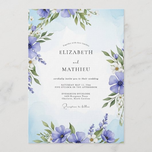 Periwinkle Painterly Floral Wedding 招待状 (正面)