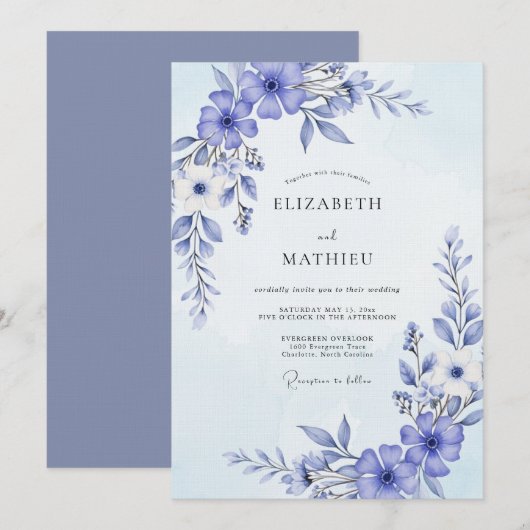 Periwinkle Painterly Flourish Wedding 招待状 (正面/裏面)