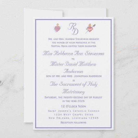 Periwinkle Two Hearts Catholic Wedding Invitation 招待状 (正面)