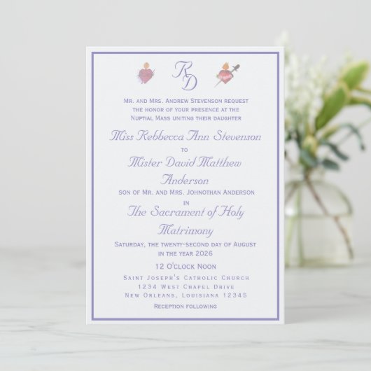 Periwinkle Two Hearts Catholic Wedding Invitation 招待状 (スタンド正面)