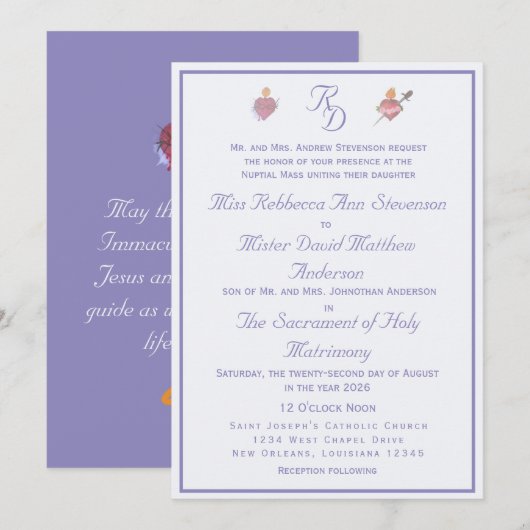 Periwinkle Two Hearts Catholic Wedding Invitation 招待状 (正面/裏面)