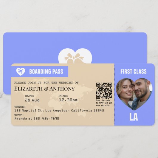 Periwinkle & Warm Sand Boarding Pass Wedding 招待状 (正面/裏面)