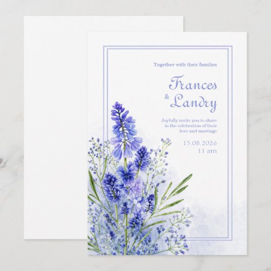 Periwinkle Watercolor Botanical Muscari Frame 招待状 (正面/裏面)