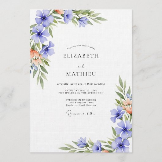 Periwinkle Watercolor Flourish Wedding 招待状 (正面)