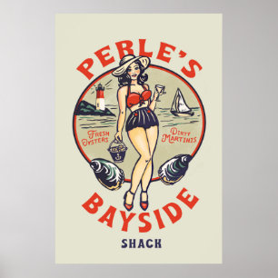 "Perle's Bayside Oyster Shack"かわいい,レトロ海辺 ポスター