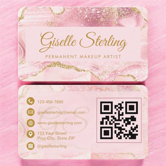 Permanent Makeup Artist Pink Gold Agate QR Code 名刺