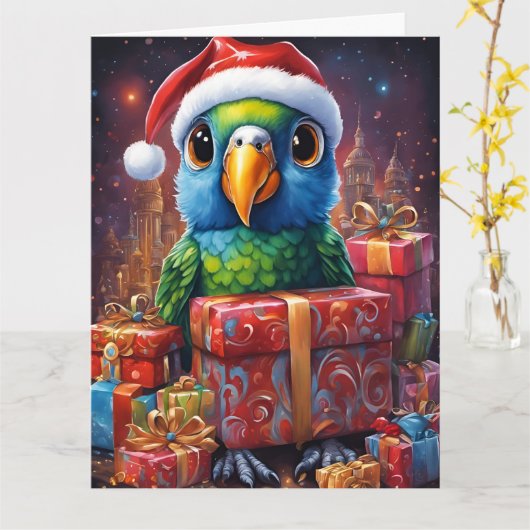 Perroquet au milieu des cadeaux de noël カード (黄色い花)