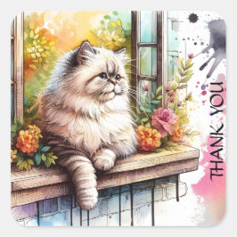 Persian Beige Gray Cat in Window夏の花 スクエアシール