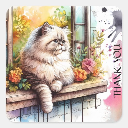 Persian Beige Gray Cat in Window夏の花 スクエアシール (正面)