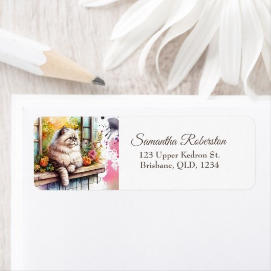 Persian Beige Gray Cat on Window Summerフローラ ラベル (インサイチュ)