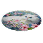 Persian Cat Blue Eyes in Pink Flowers Personalized カッティングボード (角)