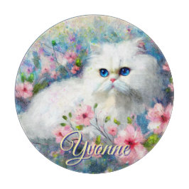 Persian Cat Blue Eyes in Pink Flowers Personalized カッティングボード