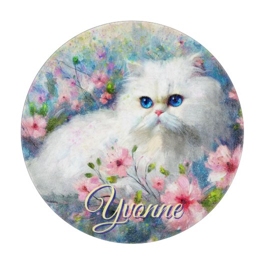 Persian Cat Blue Eyes in Pink Flowers Personalized カッティングボード (正面)