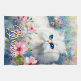 Persian Cat Blue Eyes in Pink Flowers Personalized キッチンタオル