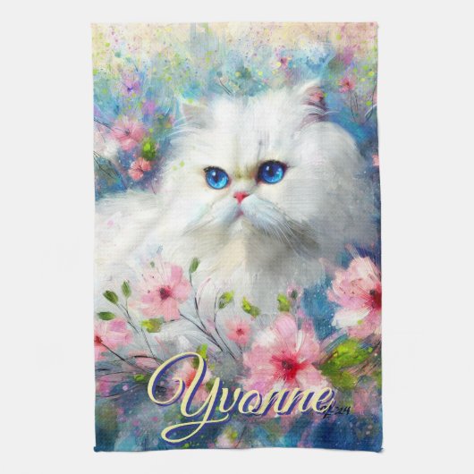 Persian Cat Blue Eyes in Pink Flowers Personalized キッチンタオル (縦)