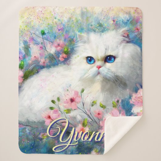 Persian Cat Blue Eyes in Pink Flowers Personalized シェルパブランケット (正面)