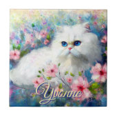 Persian Cat Blue Eyes in Pink Flowers Personalized タイル (正面)