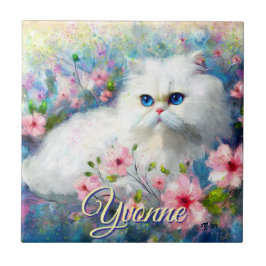 Persian Cat Blue Eyes in Pink Flowers Personalized タイル
