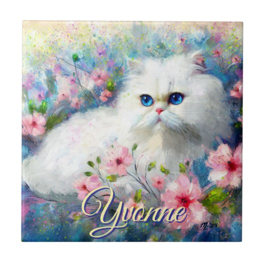Persian Cat Blue Eyes in Pink Flowers Personalized タイル (正面)