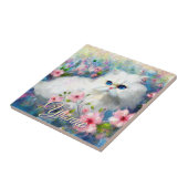 Persian Cat Blue Eyes in Pink Flowers Personalized タイル (側面)