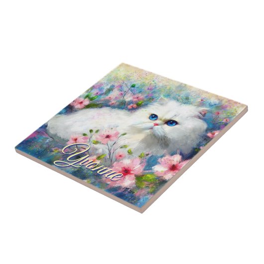 Persian Cat Blue Eyes in Pink Flowers Personalized タイル (側面)