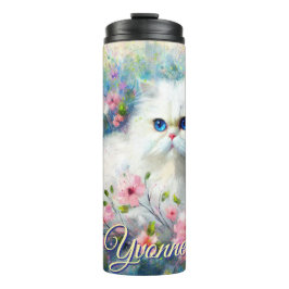 Persian Cat Blue Eyes in Pink Flowers Personalized タンブラー