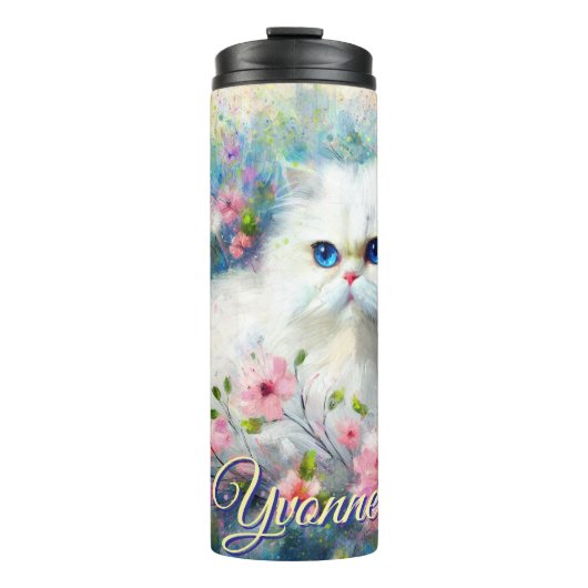 Persian Cat Blue Eyes in Pink Flowers Personalized タンブラー (正面)