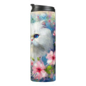 Persian Cat Blue Eyes in Pink Flowers Personalized タンブラー (回転右)
