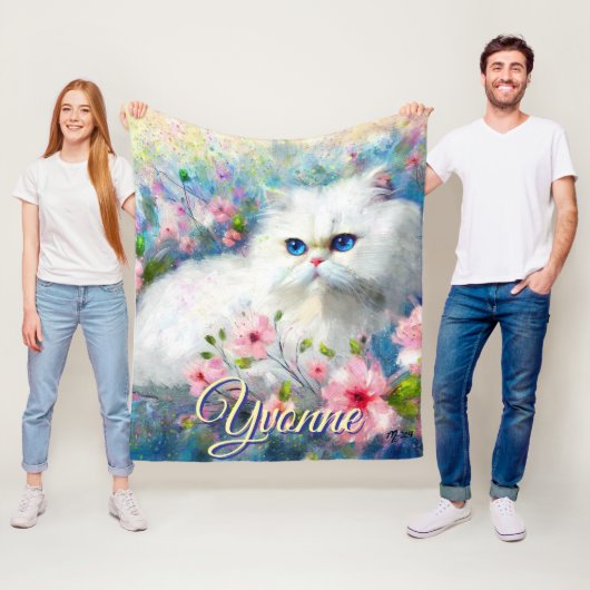 Persian Cat Blue Eyes in Pink Flowers Personalized フリースブランケット (インサイチュ)