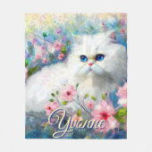 Persian Cat Blue Eyes in Pink Flowers Personalized フリースブランケット (正面)