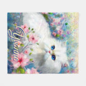 Persian Cat Blue Eyes in Pink Flowers Personalized フリースブランケット (正面(横))
