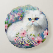 Persian Cat Blue Eyes in Pink Flowers Personalized ラウンドクッション (裏面)
