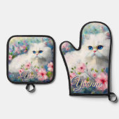 Persian Cat Blue Eyes in Pink Flowers Personalized 鍋つかみ&鍋敷きセット (正面)