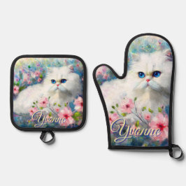 Persian Cat Blue Eyes in Pink Flowers Personalized 鍋つかみ&鍋敷きセット