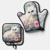 Persian Cat Blue Eyes in Pink Flowers Personalized 鍋つかみ&鍋敷きセット (正面/裏面)