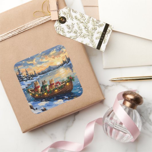 Persian Cat Christmas Boat Holiday スクエアシール (ギフト)