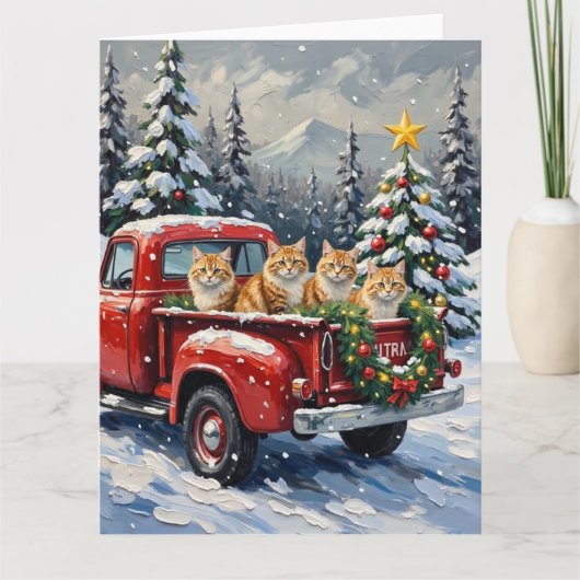 Persian Cat Christmas Red Truck Holiday カード (正面)