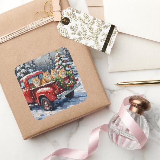 Persian Cat Christmas Red Truck Holiday スクエアシール (ギフト)