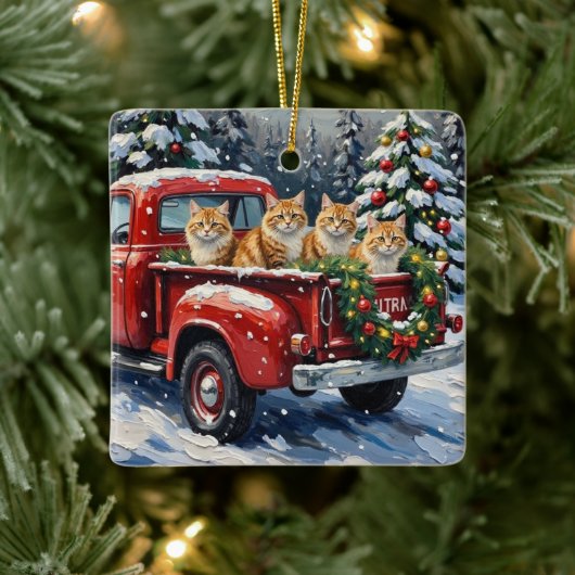 Persian Cat Christmas Red Truck Holiday セラミックオーナメント (ツリー)