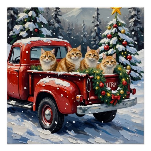 Persian Cat Christmas Red Truck Holiday ポスター (正面)