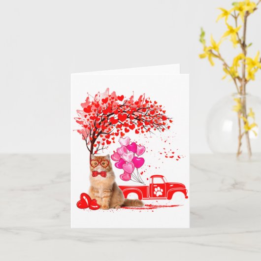 Persian Cat Heart Tree Valentines Day  カード (黄色い花)
