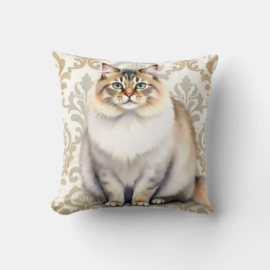 Persian Cat Watercolor Damask Pattern Art クッション (正面)