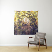 Person wearing white hat beside sunflower fields タペストリー (インサイチュ)
