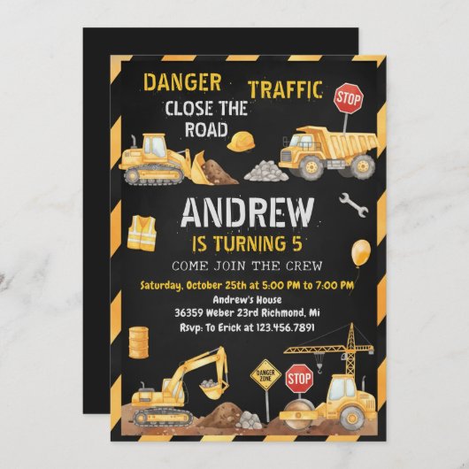 Personal A Modern Construction Birthday Party 招待状 (正面/裏面)