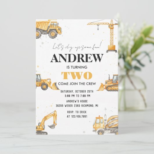 Personal A Modern Construction Boy Digger Birthday 招待状 (スタンド正面)