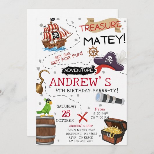 Personal Ahoy Mateys Pirate Ship Birthday Party 招待状 (正面/裏面)